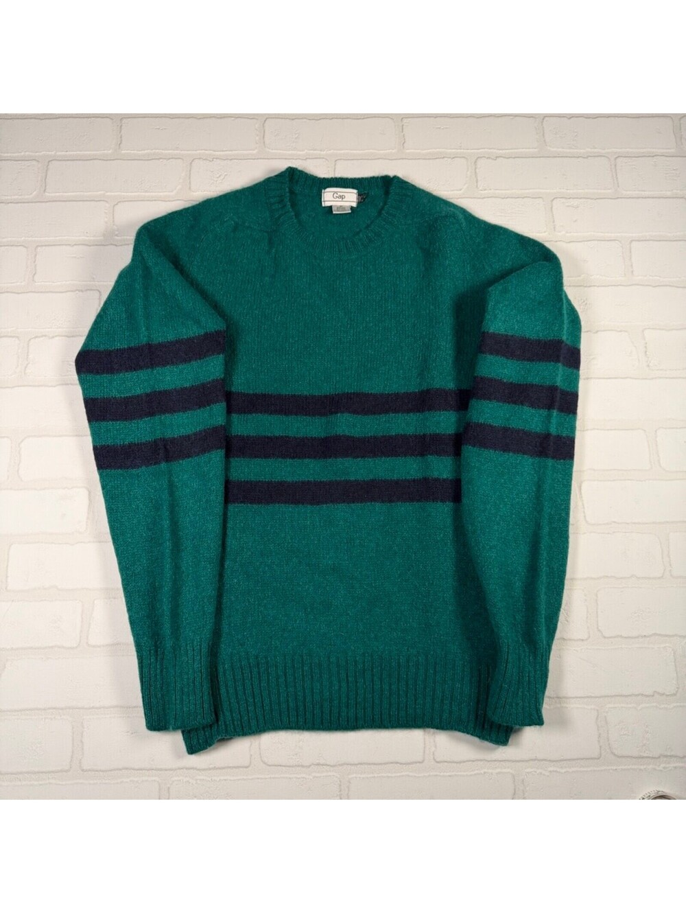 Vintage 80s Gap Shetland Wool Sweater Green Striped Mens Medium Made in Scotland